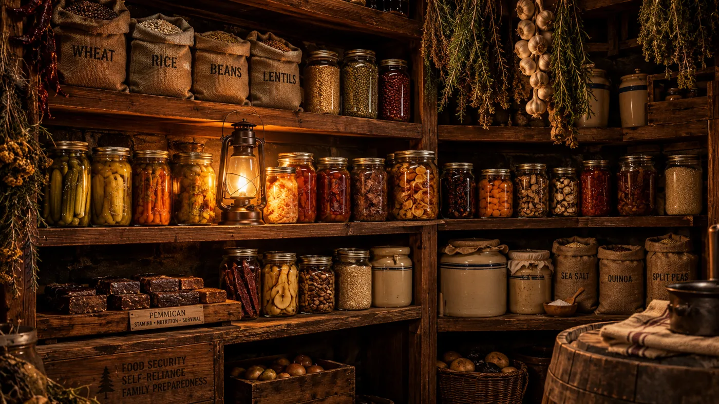 A fully stocked root-cellar pantry lit by a lantern